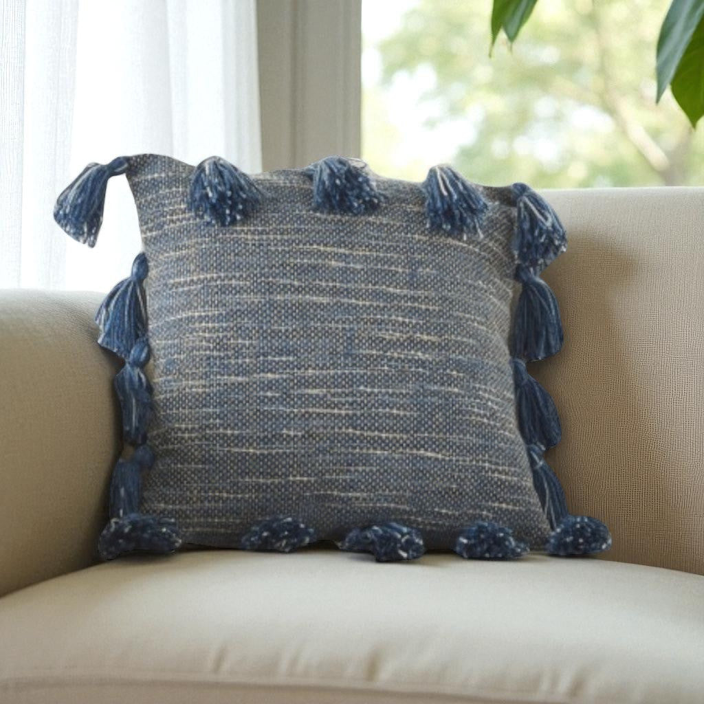 18" Royal Blue Polyester Blend Throw Pillow With Tassels-0