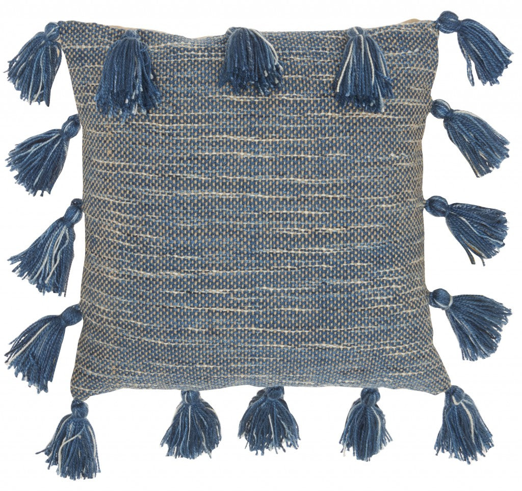 18" Royal Blue Polyester Blend Throw Pillow With Tassels-1