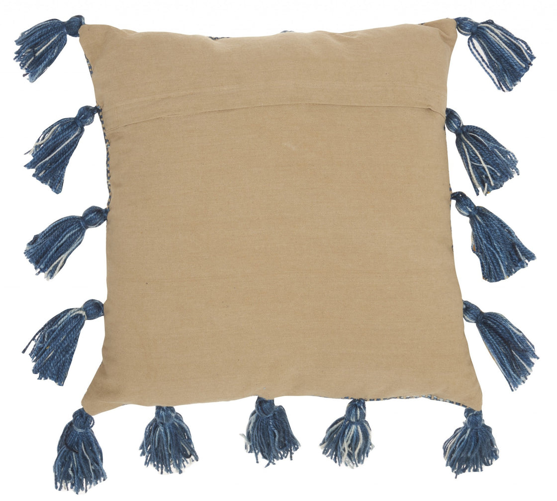 18" Royal Blue Polyester Blend Throw Pillow With Tassels-2