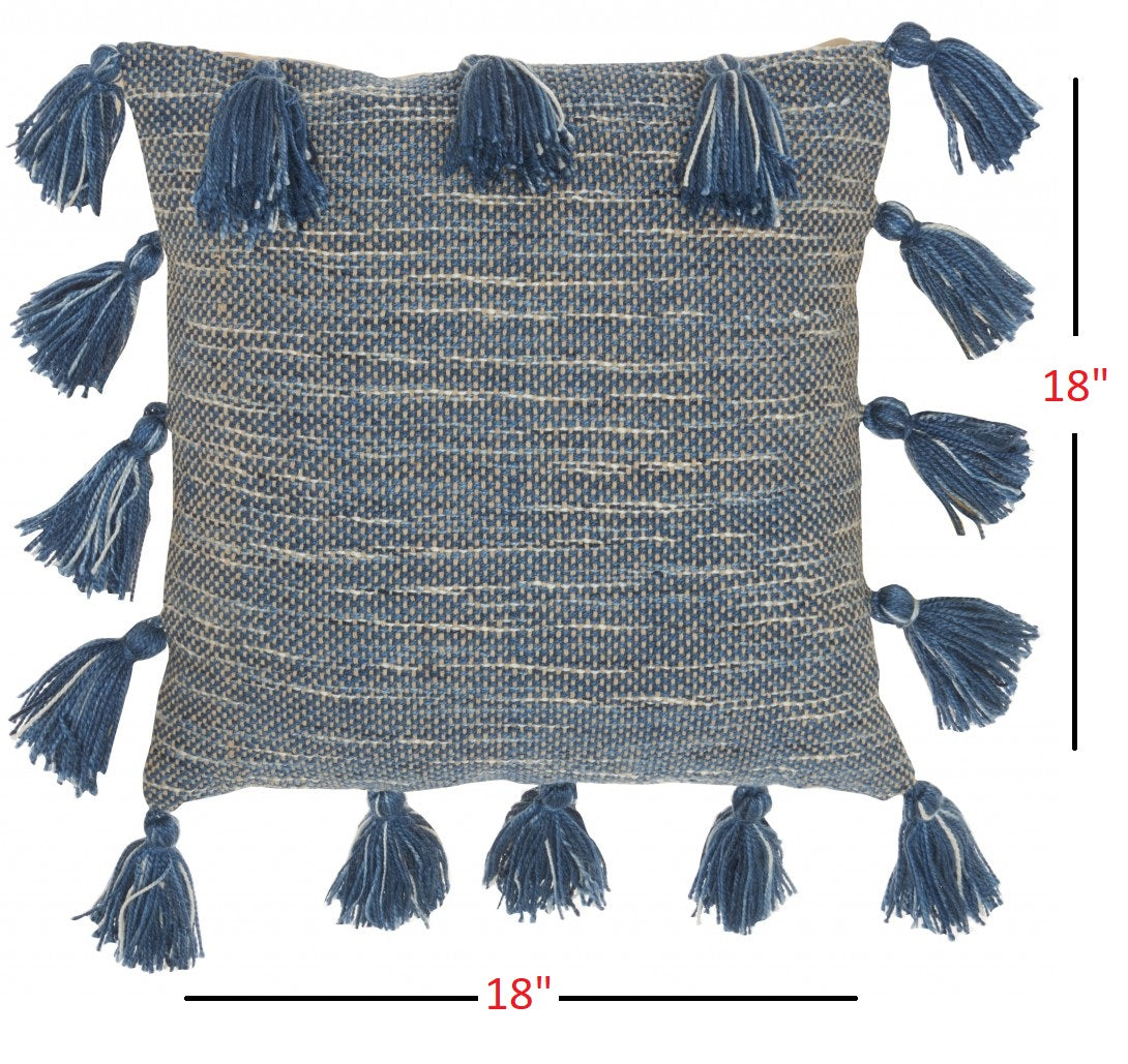 18" Royal Blue Polyester Blend Throw Pillow With Tassels-7