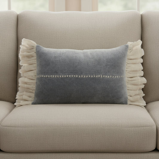 14" X 22" Steel Blue Pillow With Tassels Edges-0