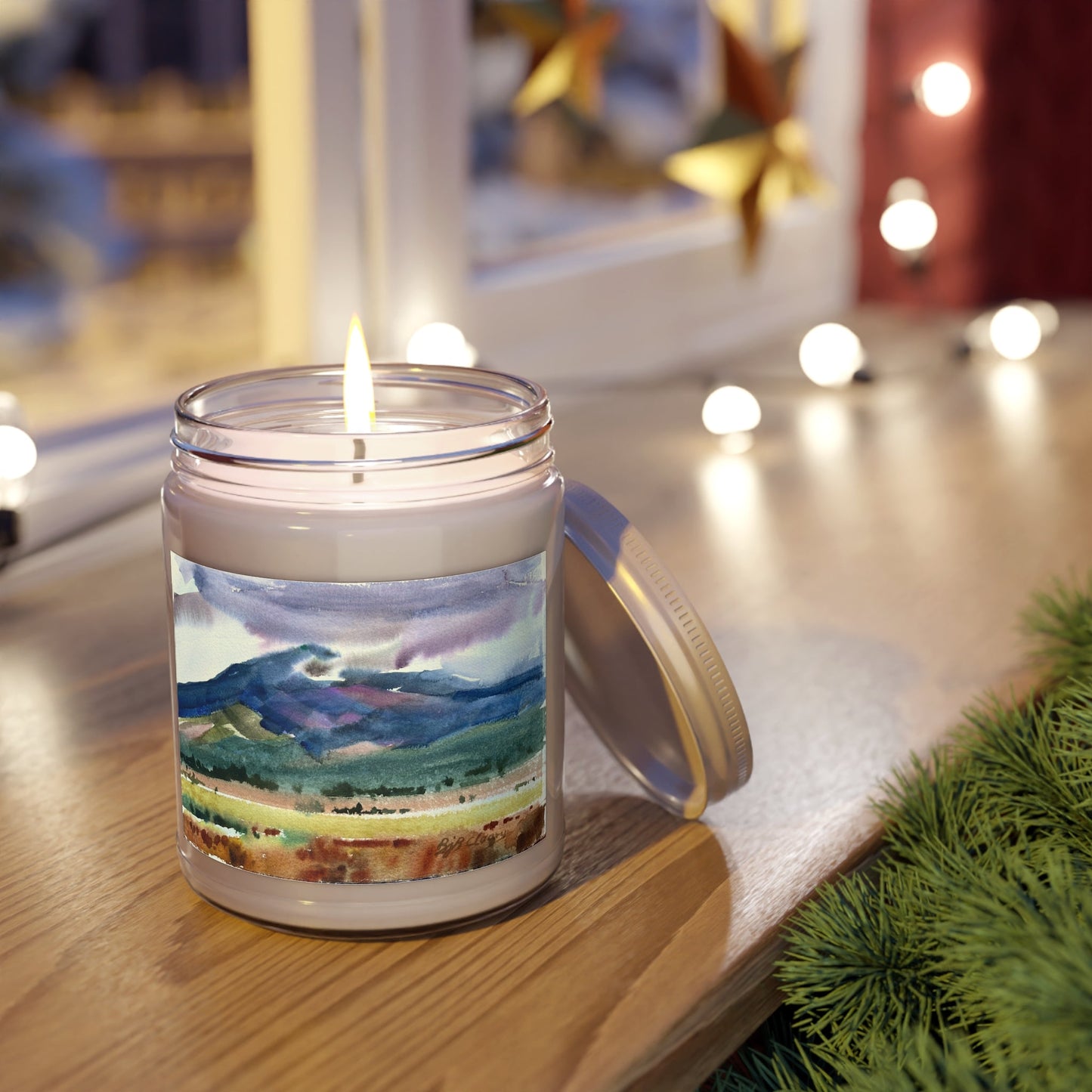 9oz Eco-Friendly Scented or Unscented Soy Wax Candle Jar with 'Tranquil Mountain View 2' Artwork by American Artist Barbara Cleary-1