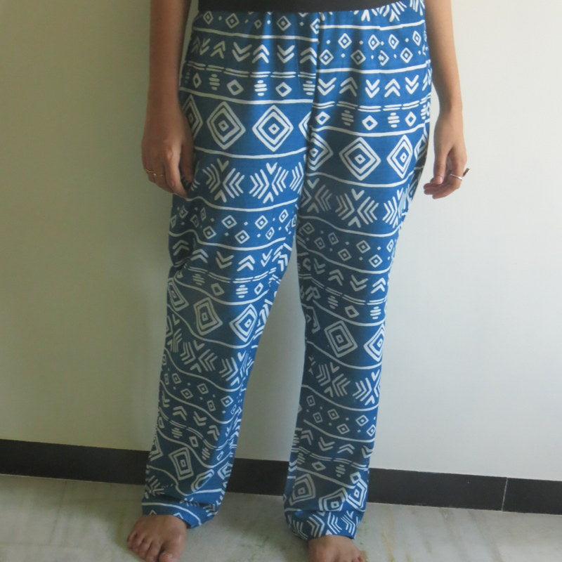 Dark Blue Aztec Straight Cut Drawstring Pajamas-2