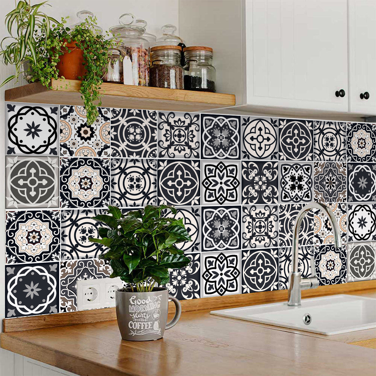 5" X 5" Black White And Tan Peel And Stick Removable Tiles-4