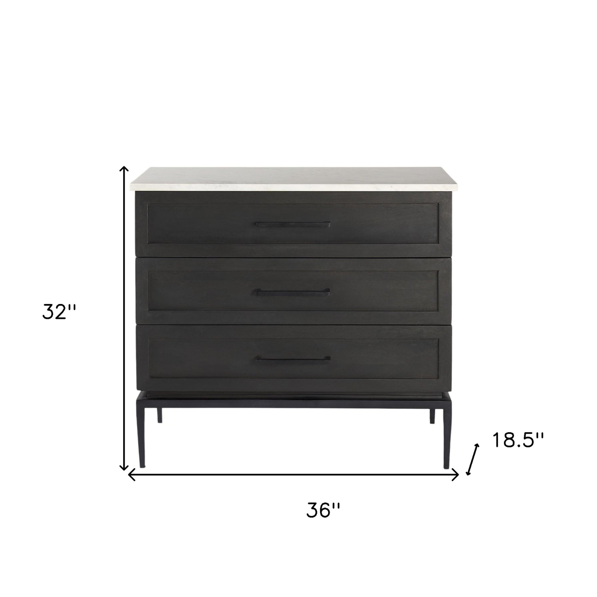 36" Black And White Solid Wood And Marble Three Drawer Dresser-8