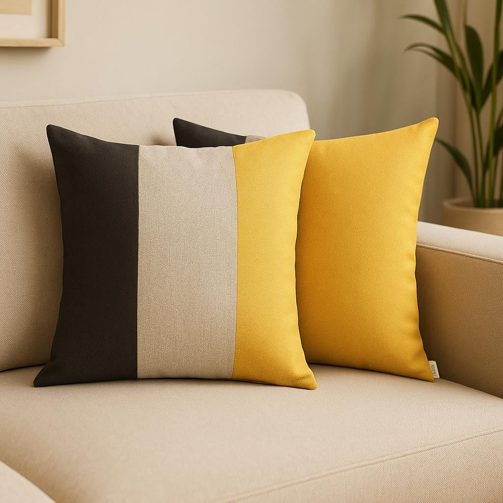 Set of Two 18" Gray Black And Yellow Fabric Throw Pillow Covers-0