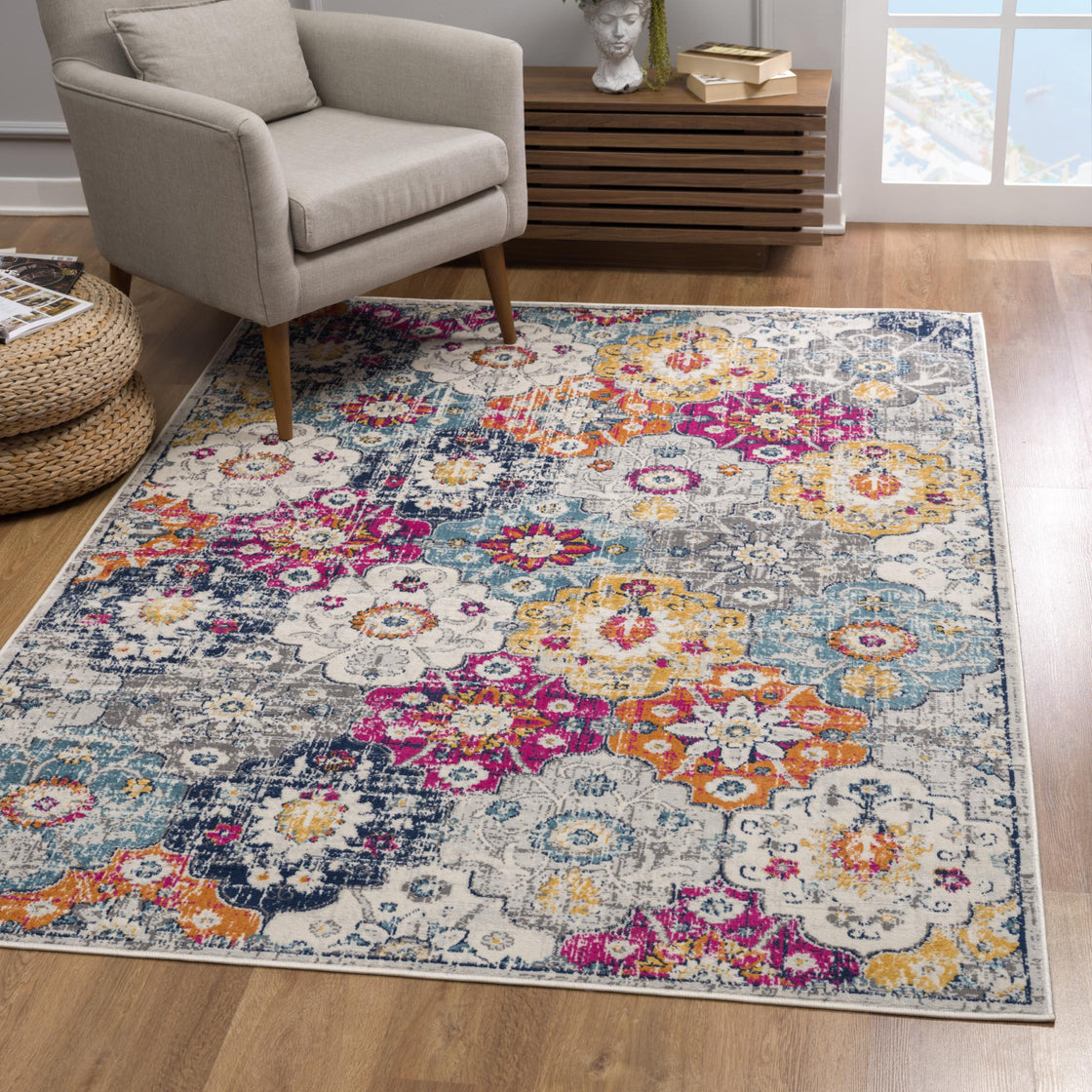 5' X 7' Blue and Ivory Floral Area Rug-6