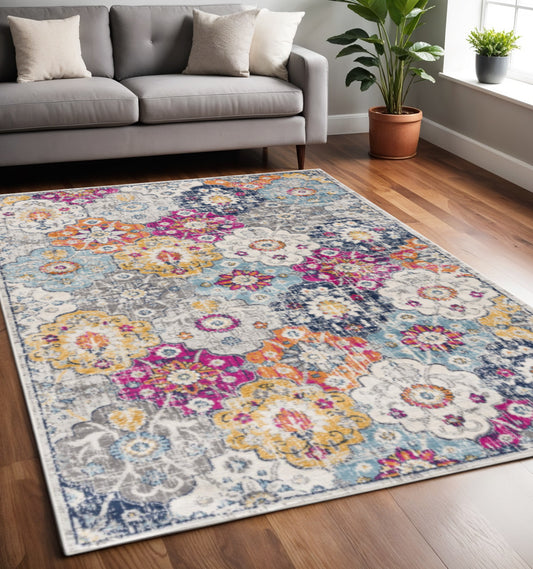 5' X 7' Blue and Ivory Floral Area Rug-0