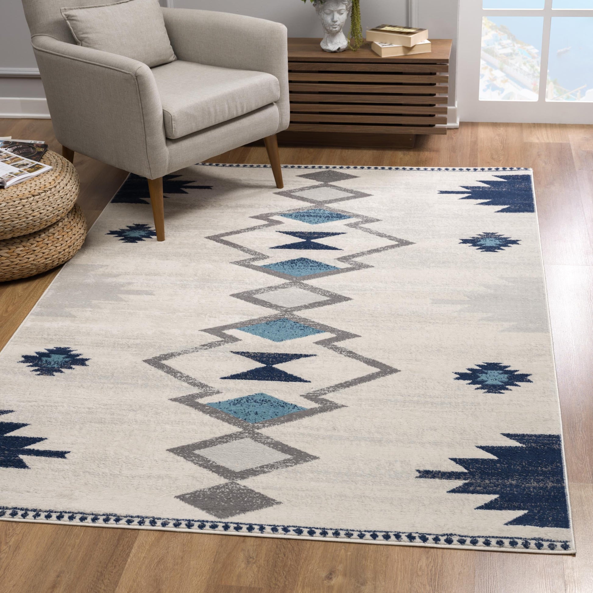 8' X 10' Blue and Ivory Southwestern Area Rug-5