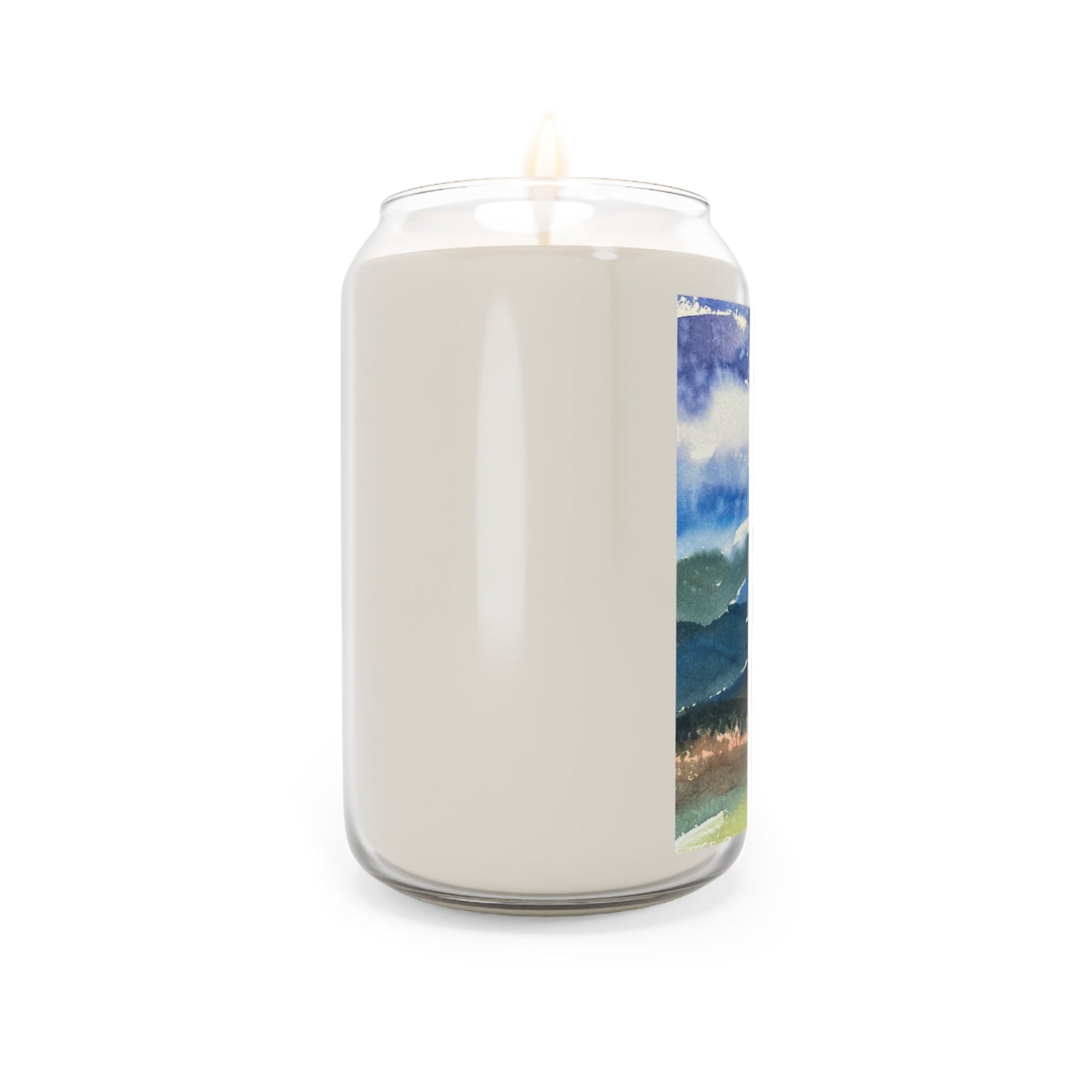 13.75oz Eco-Friendly Scented or Unscented Soy Wax Candle Jar with 'Tranquil Mountain View 3' Landscape Watercolor Artwork by American Artist Barbara Cleary-4