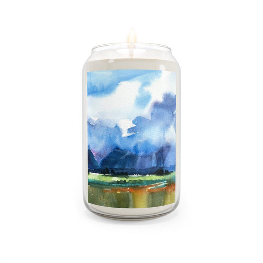 13.75oz Eco-Friendly Scented or Unscented Soy Wax Candle Jar with 'Tranquil Mountain View 4' Landscape Watercolor Artwork by American Artist Barbara Cleary-0