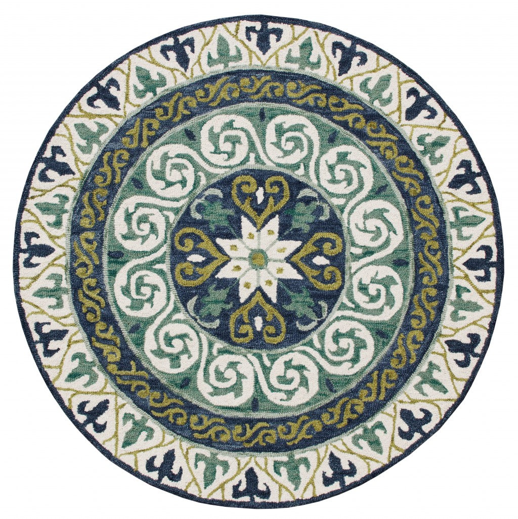 7' Round Blue and Green Ornate Medallion Area Rug-1
