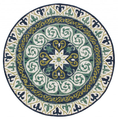 7' Round Blue and Green Ornate Medallion Area Rug-1