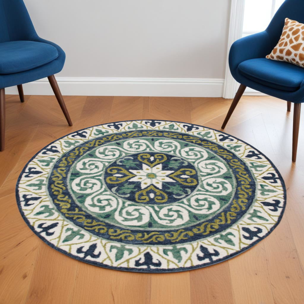 7' Round Blue and Green Ornate Medallion Area Rug-0