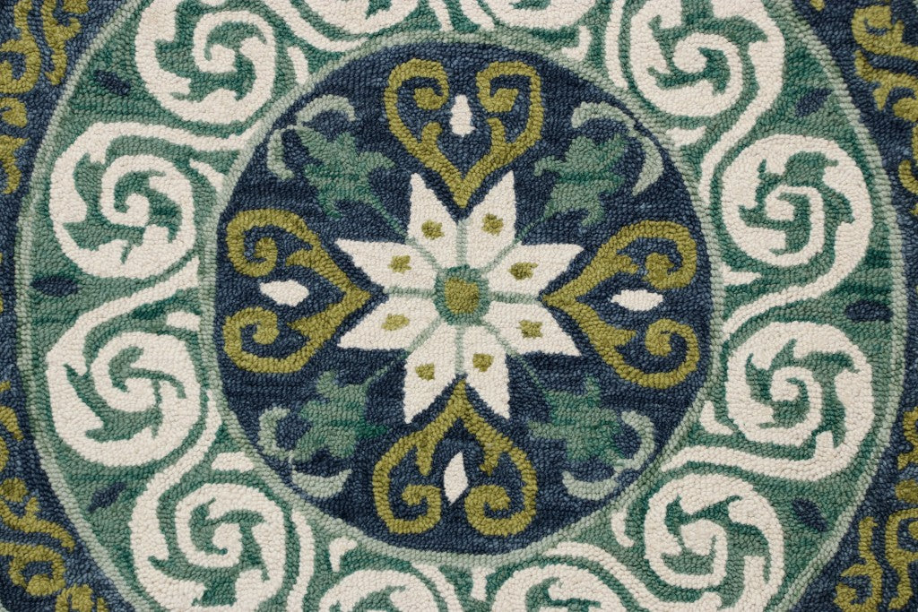 7' Round Blue and Green Ornate Medallion Area Rug-3