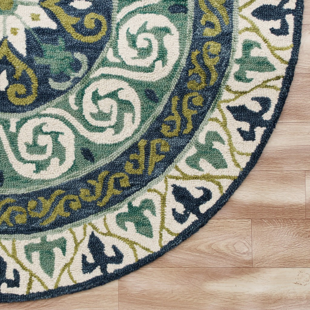 7' Round Blue and Green Ornate Medallion Area Rug-7