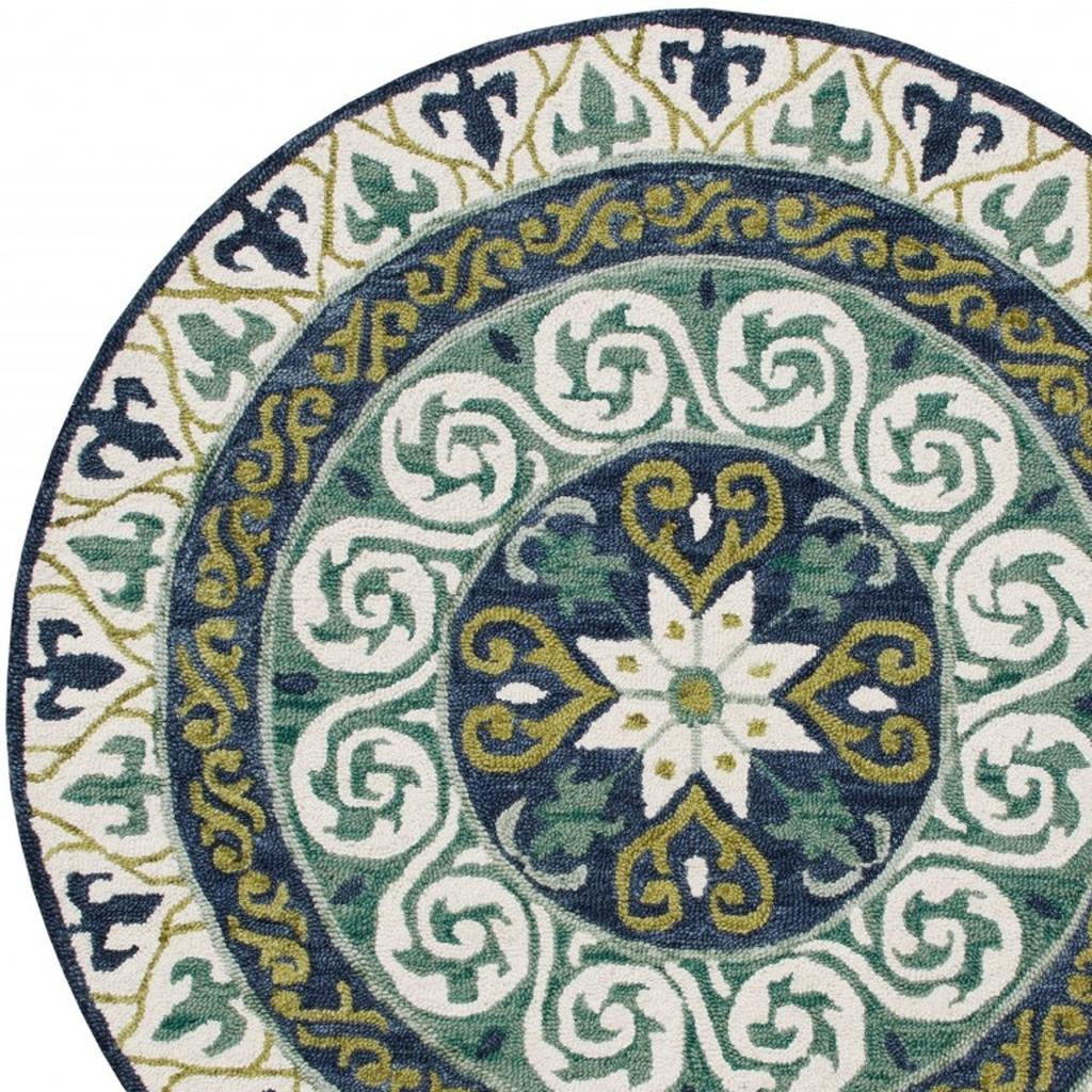 7' Round Blue and Green Ornate Medallion Area Rug-4