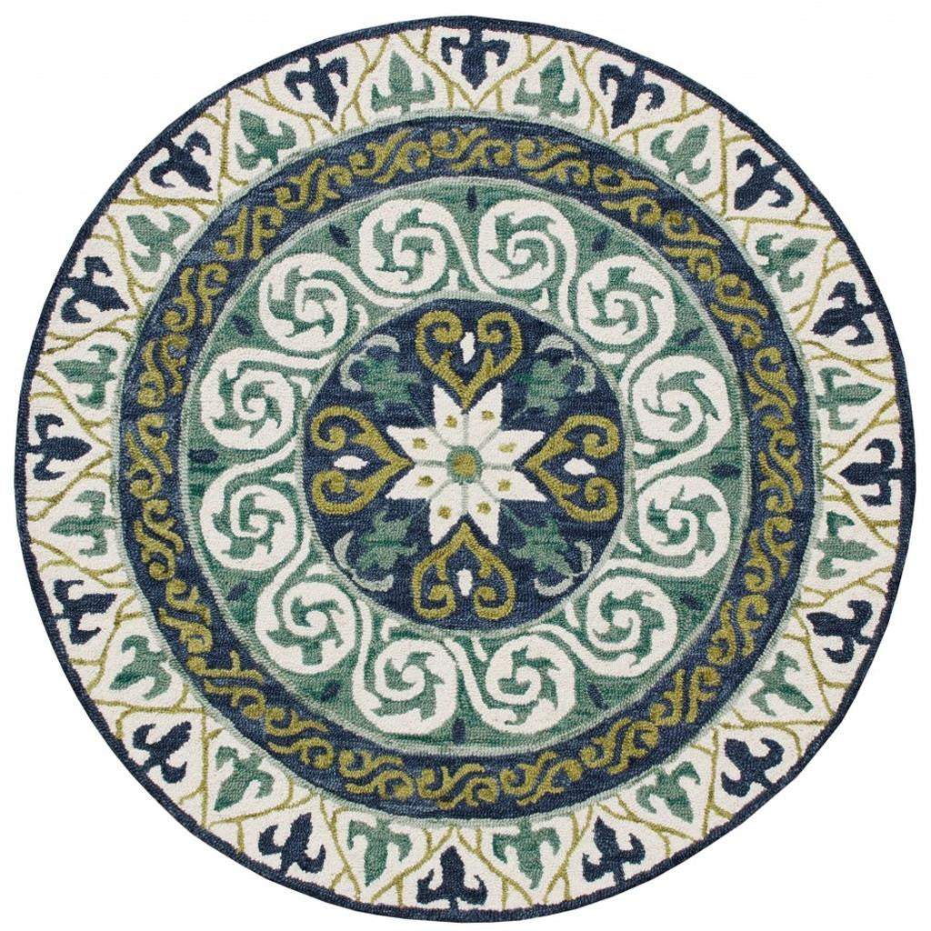 7' Round Blue and Green Ornate Medallion Area Rug-5