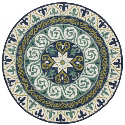 7' Round Blue and Green Ornate Medallion Area Rug-5