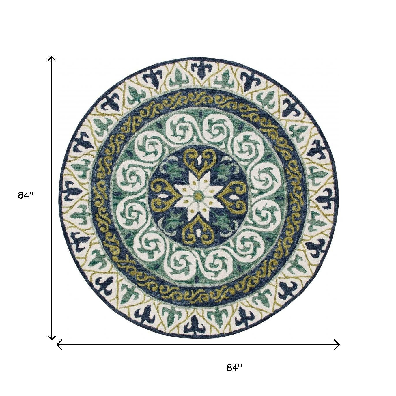7' Round Blue and Green Ornate Medallion Area Rug-2
