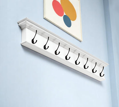 51" White Solid Wood Eight Hook Wall Mount Coat Rack-1