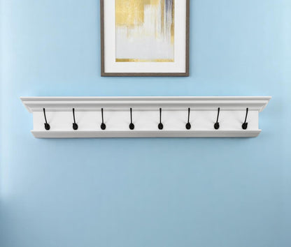 51" White Solid Wood Eight Hook Wall Mount Coat Rack-0