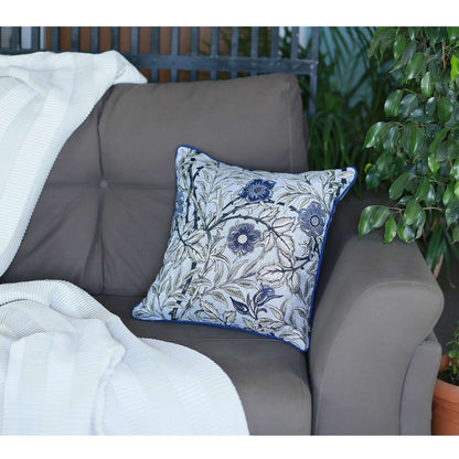 18" Ivory Blue And Gray Floral Fabric Throw Pillow-3