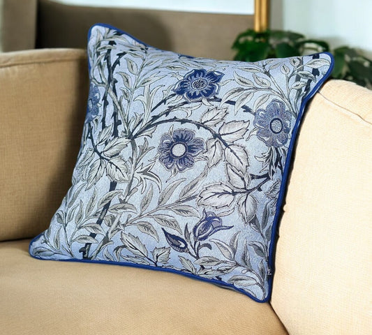 18" Ivory Blue And Gray Floral Fabric Throw Pillow-0