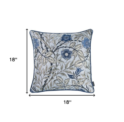 18" Ivory Blue And Gray Floral Fabric Throw Pillow-5