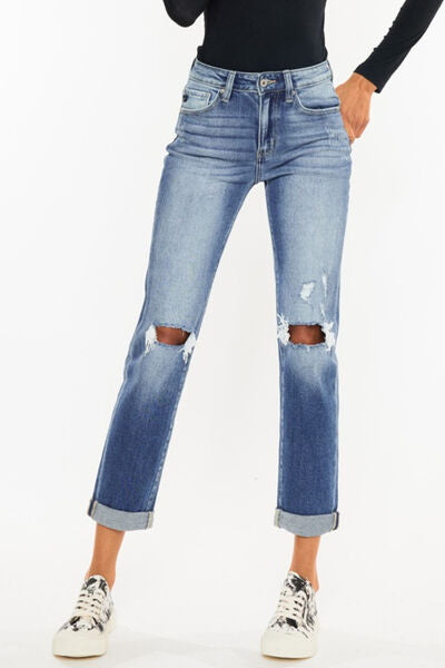 Kancan High Waist Distressed Hem Detail Cropped Straight Jeans-0