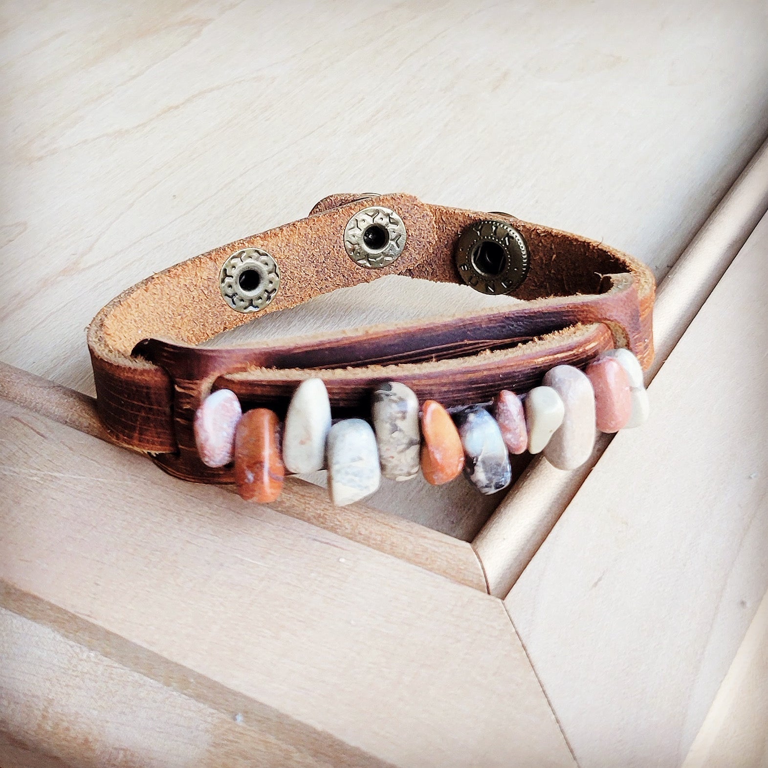 Genuine Leather Narrow Cuff with Aqua Terra Stones 005f-0