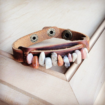 Genuine Leather Narrow Cuff with Aqua Terra Stones 005f-0