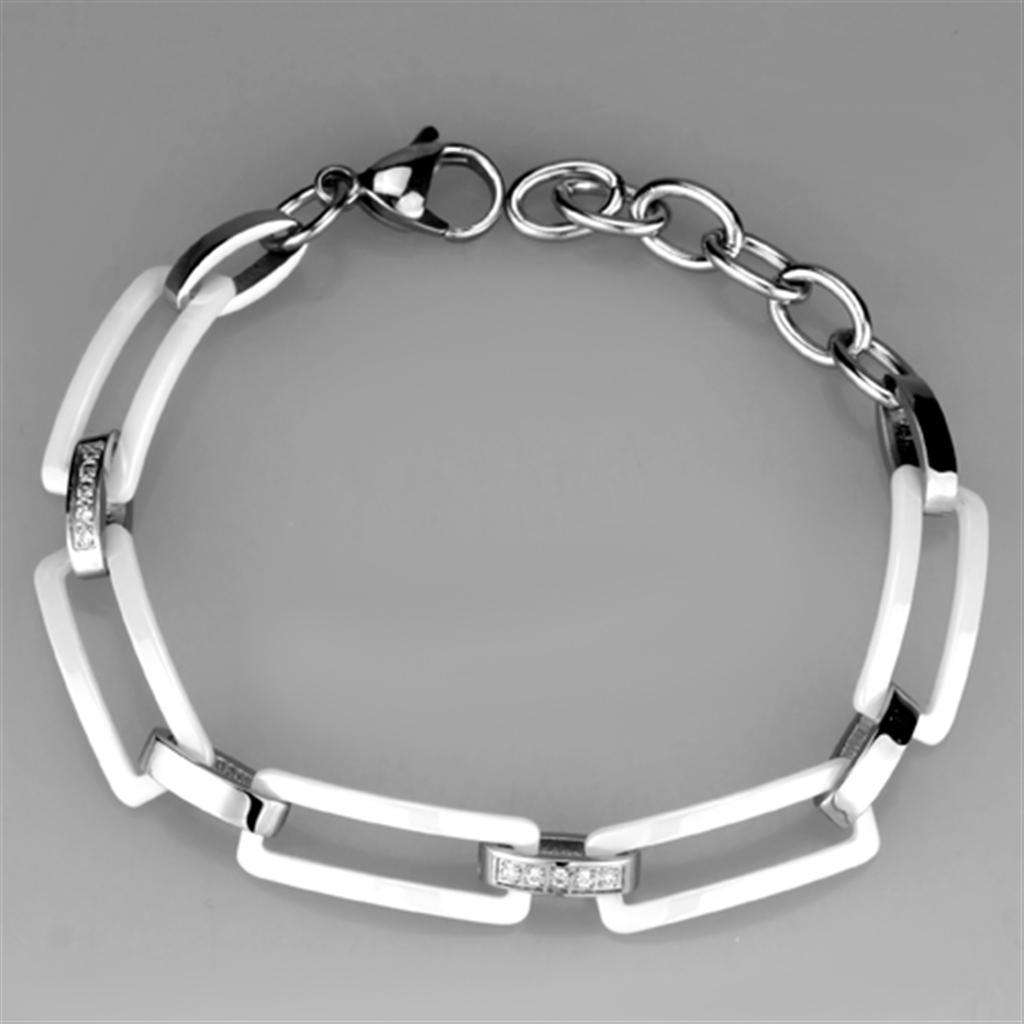 3W1016 - High polished (no plating) Stainless Steel Bracelet with Ceramic  in White-2