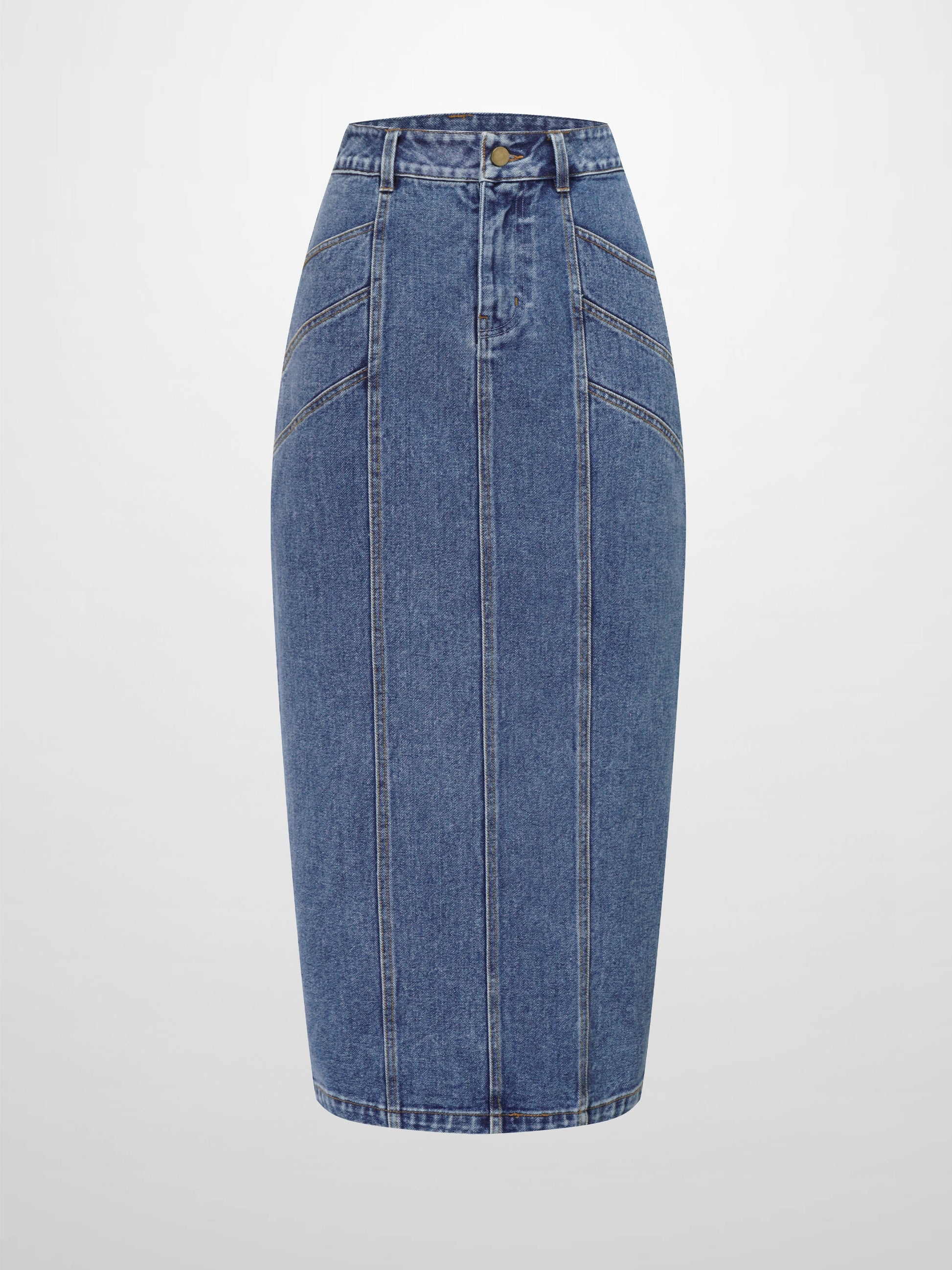 Front Seam Detail Denim Skirt-Blue Wash-1