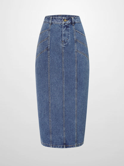 Front Seam Detail Denim Skirt-Blue Wash-1