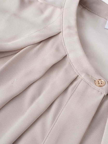 Pleat Neck Belted Dress-Ecru-4