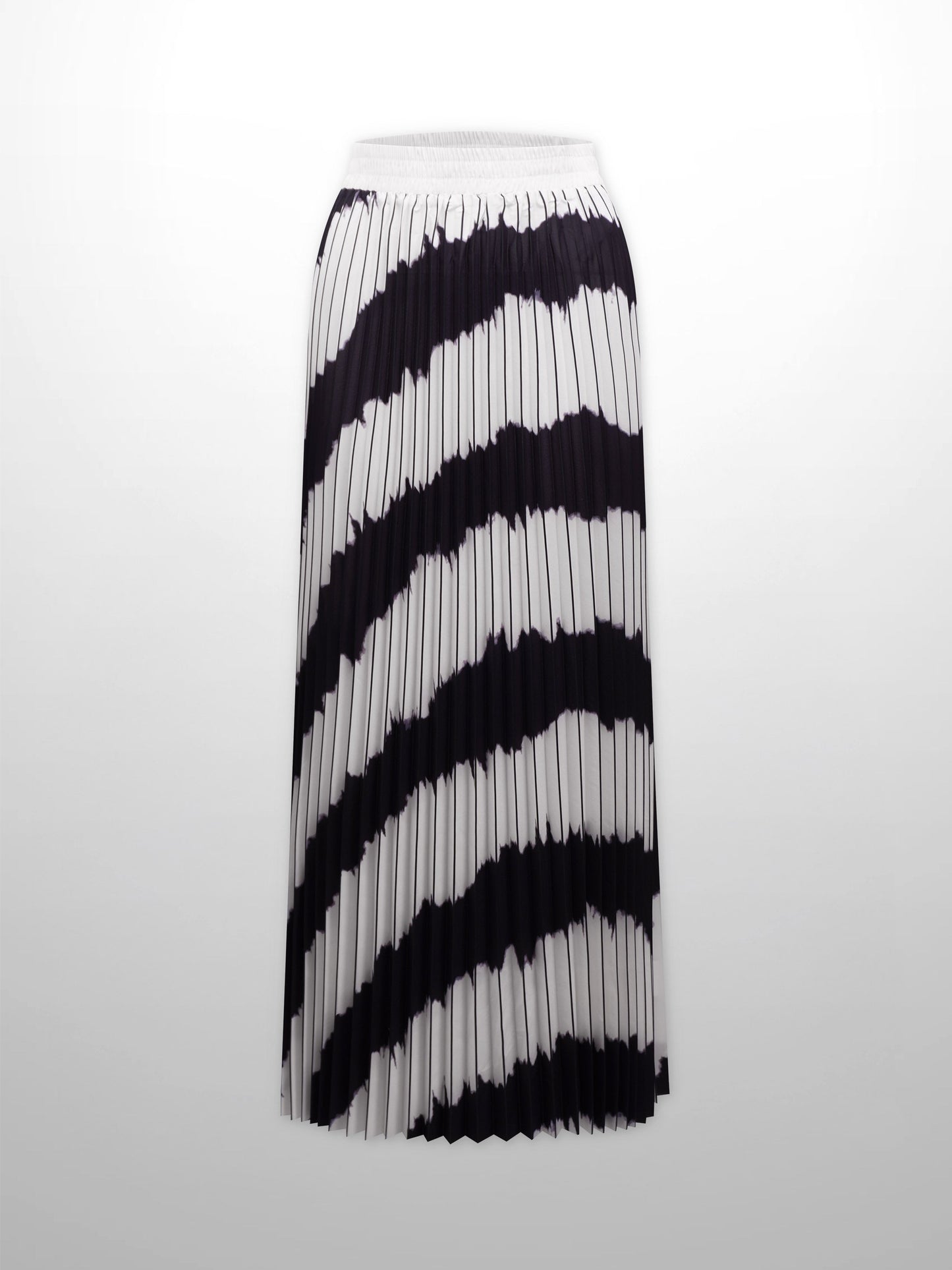 Elastic Waist Printed Pleated Skirt-Black White Ombre-0
