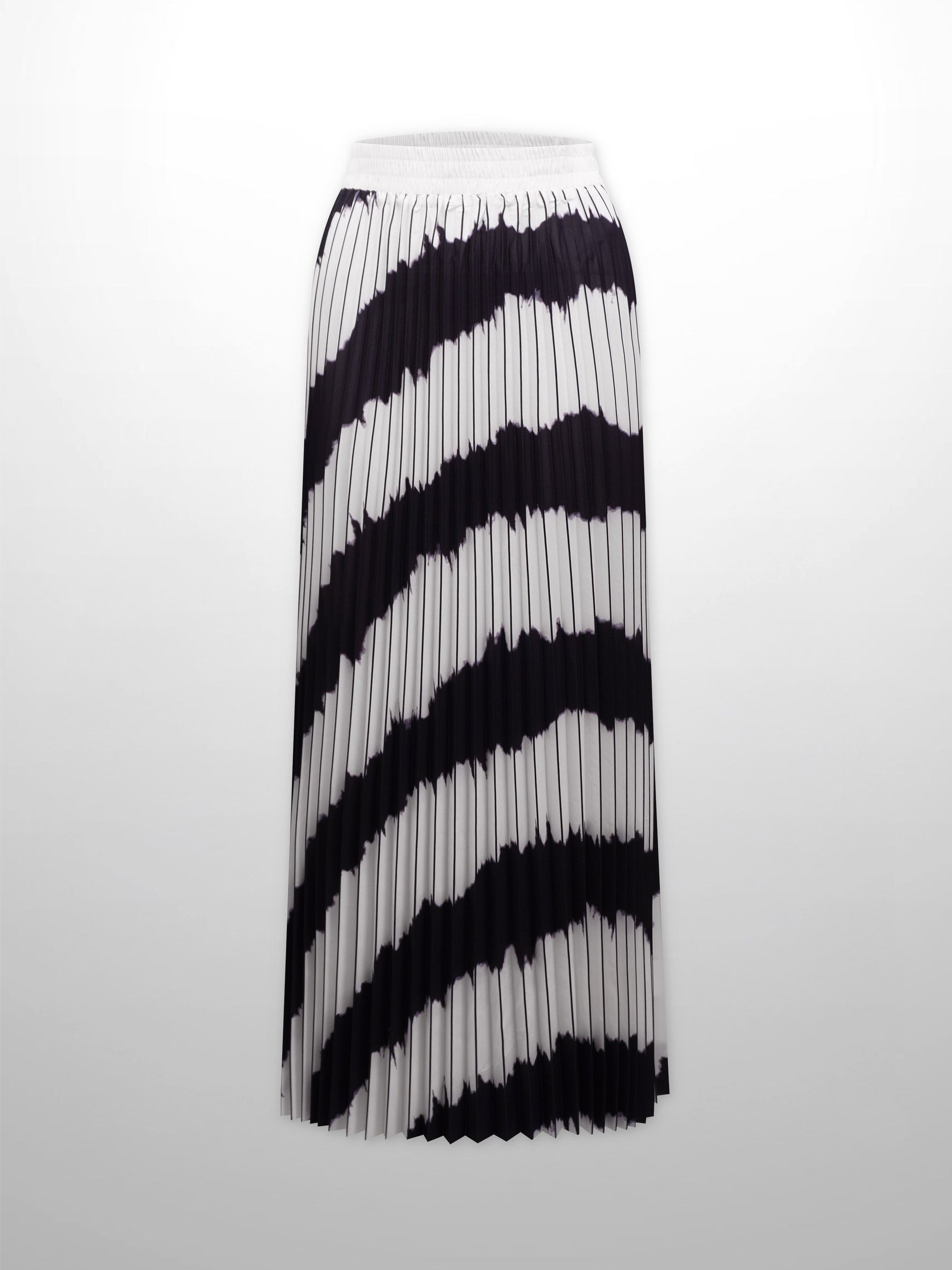 Elastic Waist Printed Pleated Skirt-Black White Ombre-0