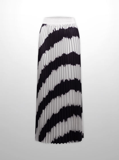 Elastic Waist Printed Pleated Skirt-Black White Ombre-0