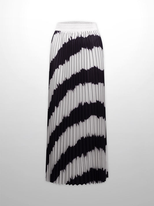 Elastic Waist Printed Pleated Skirt-Black White Ombre-0