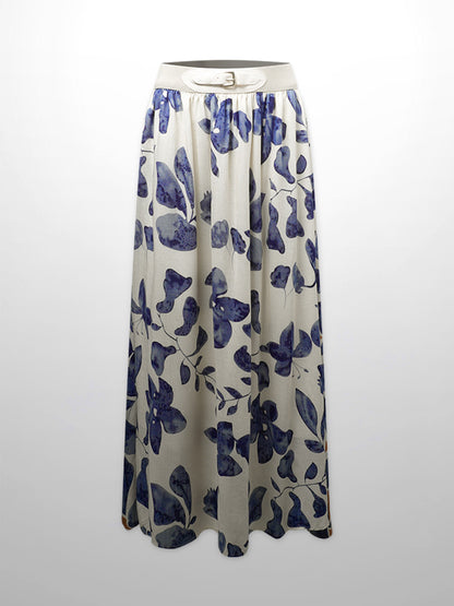 Leather Buckle Skirt-Blue Floral-0