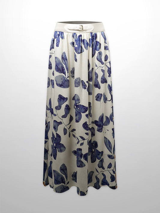 Leather Buckle Skirt-Blue Floral-0