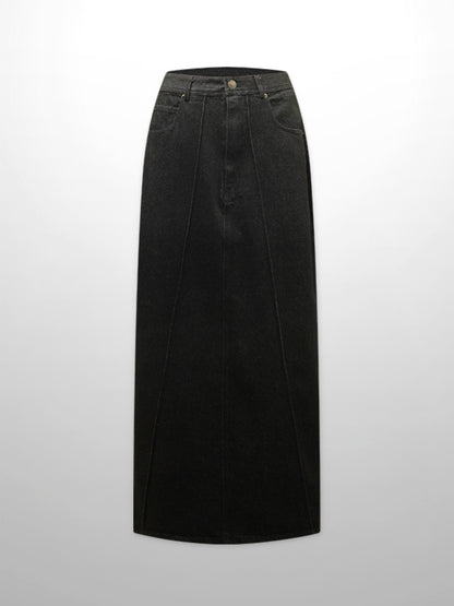Denim Seamed Skirt-Black Wash-0