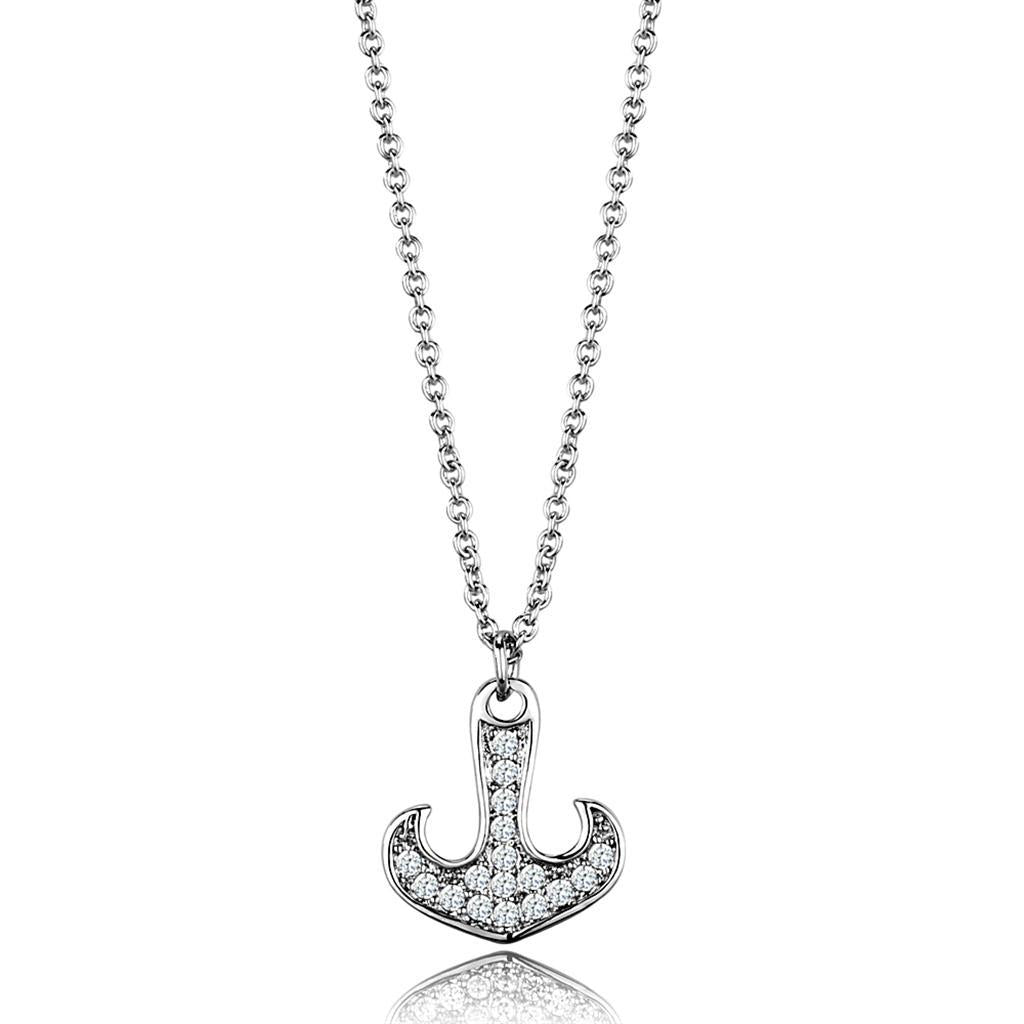 3W1035 - Rhodium Brass Chain Pendant with AAA Grade CZ  in Clear-0