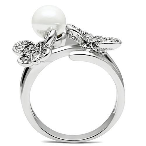 3W223 - Rhodium Brass Ring with Synthetic Pearl in White-2