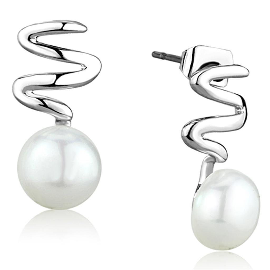3W687 - Rhodium Brass Earrings with Synthetic Pearl in White-0