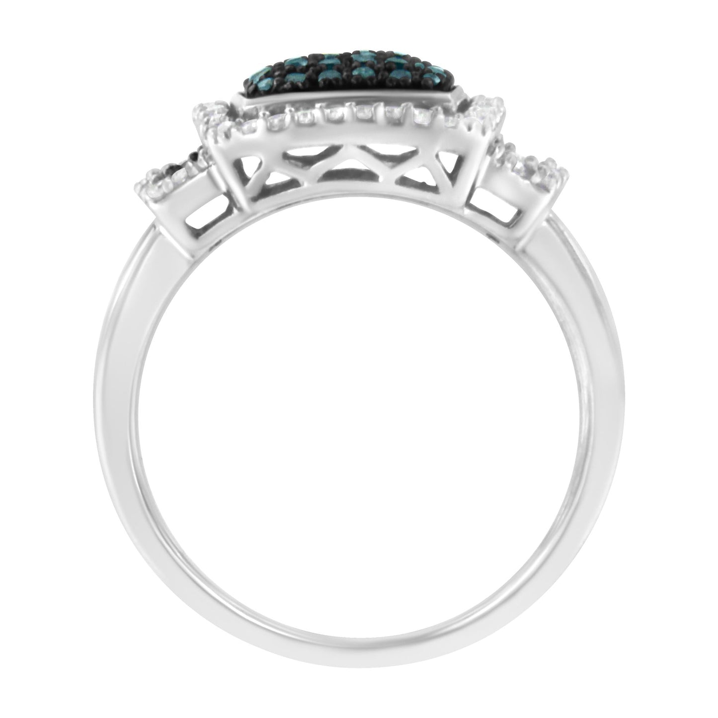 Black Rhodium Plated .925 Sterling Silver 1/2 Cttw White & Blue Diamond Square Halo Cocktail Ring (Fancy Blue & H-I Color, I2-I3 Clarity)-3