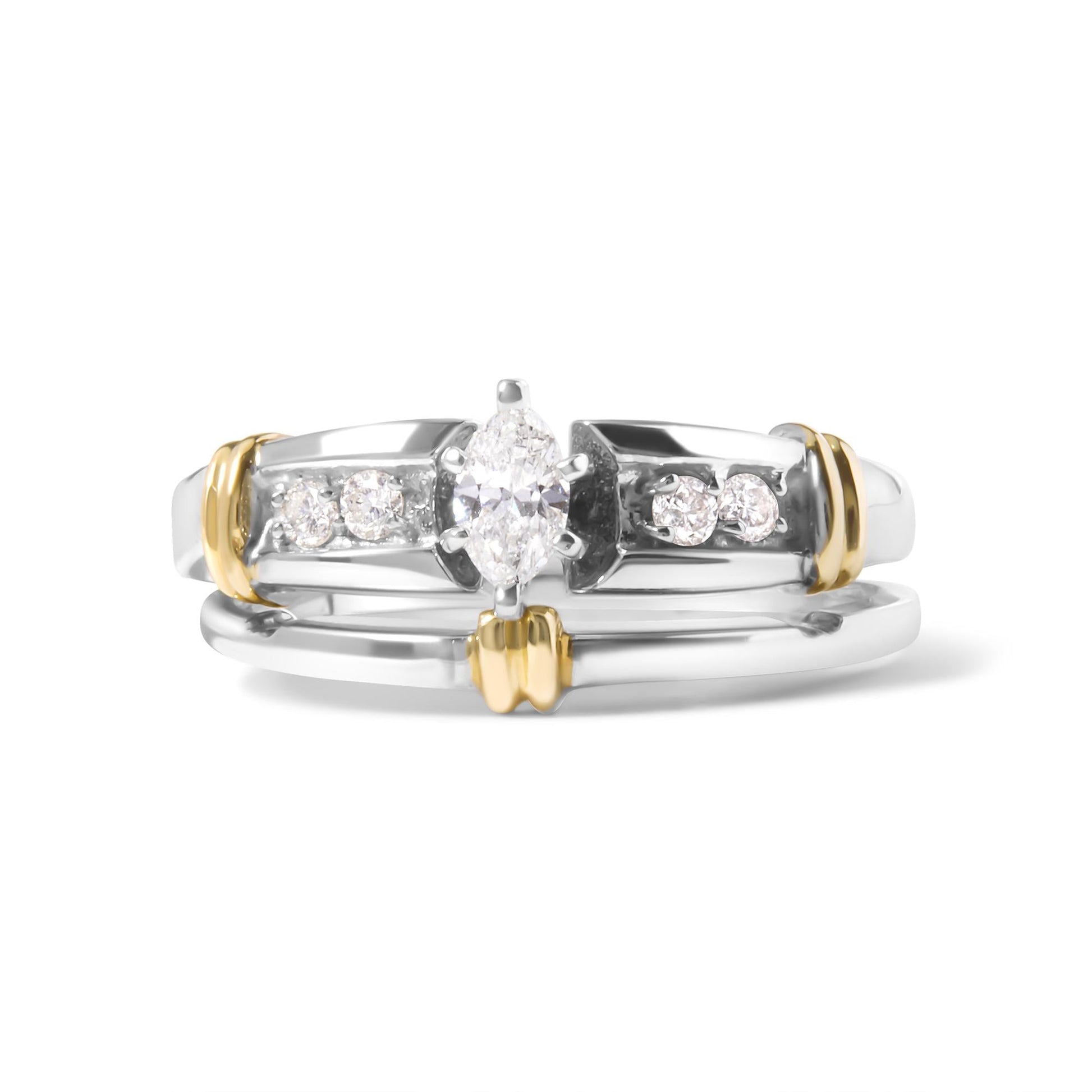 14K Yellow and White Gold 1/3 Cttw Marquise Diamond Cocktail Engagement Ring Set (H-I Color, SI1-SI2 Clarity)-3