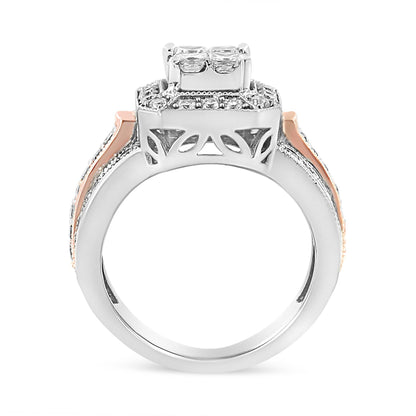 14K White and Rose Gold 1 1/8 Cttw Princess and Round-Cut Diamond Art Deco Style Triple Shank Halo Cocktail Ring (I-J Color, SI2-I1 Clarity)-3