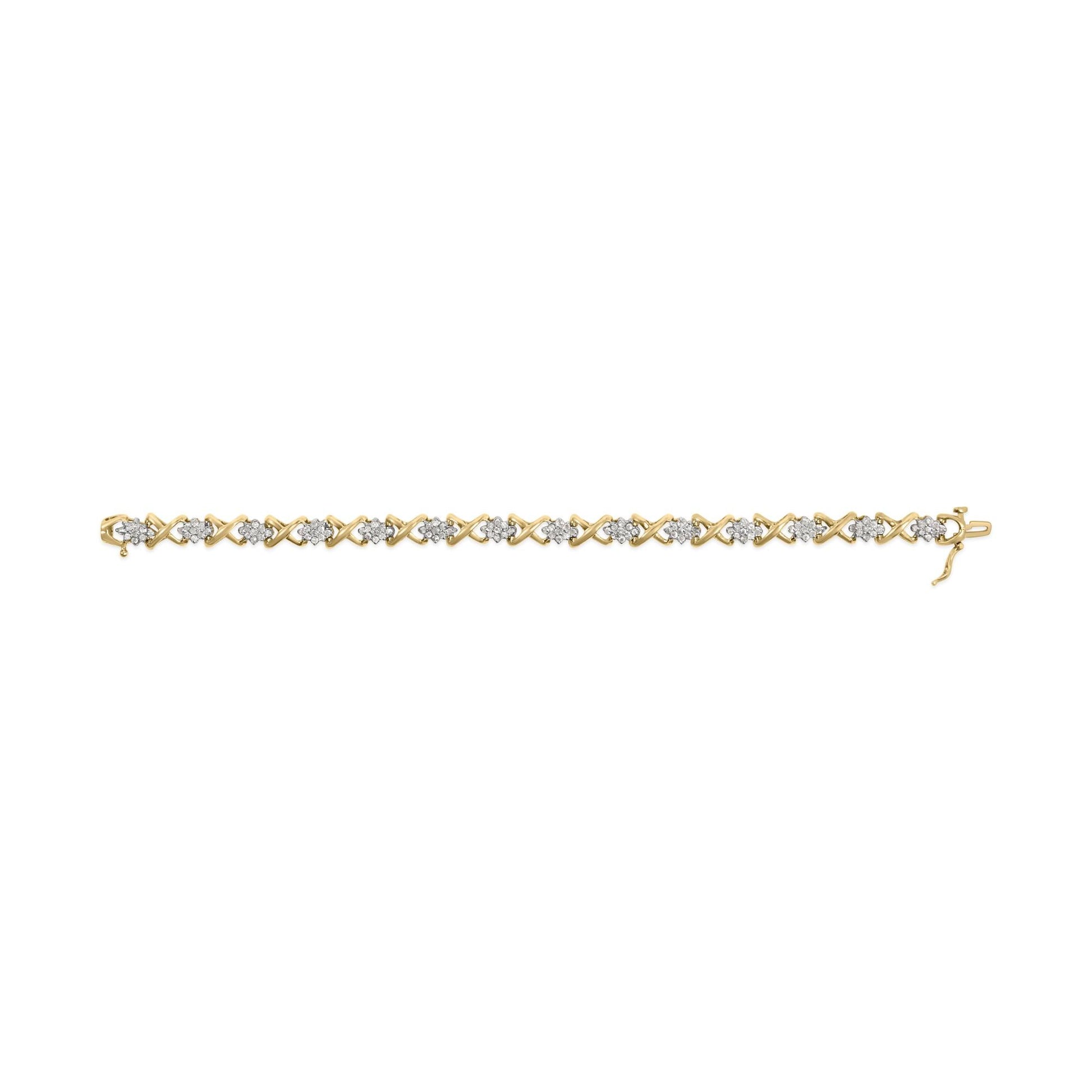 10k Yellow Gold 2.00 Cttw Diamond Cluster and Alternating "X" Link Bracelet (I-J Color, I3 Clarity) - 7"-3